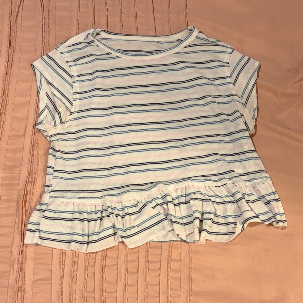 Altar'd State Blue and White Striped Ruffle Hem Blouse